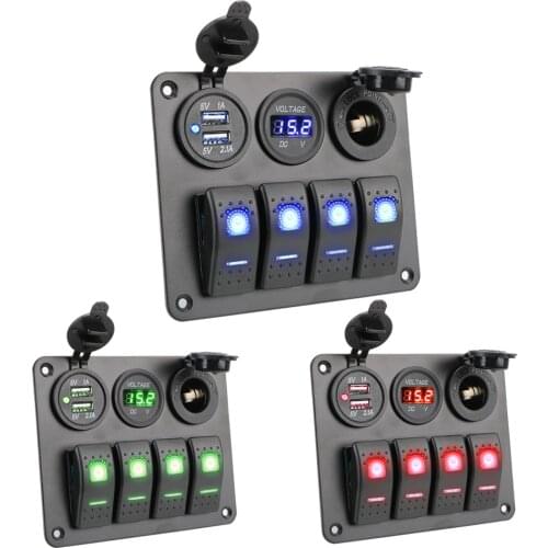 Rocker Switch Panel Dual USB Port Digital Voltmeter LED 4 Gang Interior Accessories DC 12V/24V Aluminum Panel Circuit Breaker