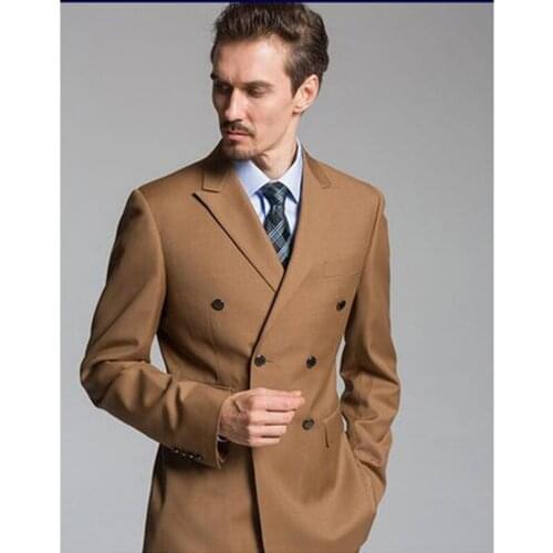 Fashionable Double Breasted Light Brown Groom Tuxedos Peak Lapel Groomsmen Men Blazers Suits (Jacket+Pants+Tie) NO:386
