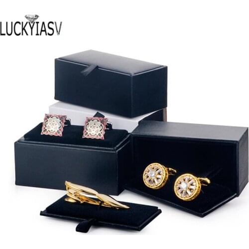Men Cufflinks Storage Box Black Faux Leather Case Brooch Lapel Pin Hair Pins Gift Packaging Box Tie Tack Tie Clip Collection Box