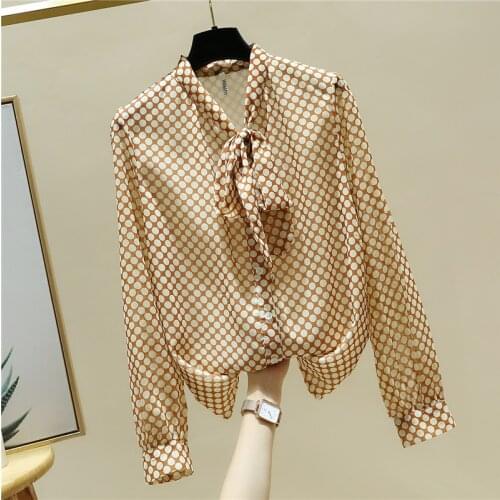 New 2020 Autumn Fashion Womens Bow Long Sleeves Polka Dot Chiffon Shirts Female Girls Ladies Shirt Blouse Tops A4049