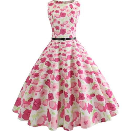 New summer Pink Floral painting Party Dresses Women Dress 50s 60s Retro A-Line Vintage Dress With Belt sexy dancing dress