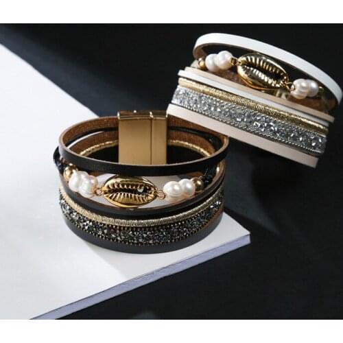 ORNAPEADIA 2021 Popular Fashion Jewelry Diamond Bracelet for Women Bohemian Beaded Pearl Bracelet Conch Shape Zinc Alloy Bangle