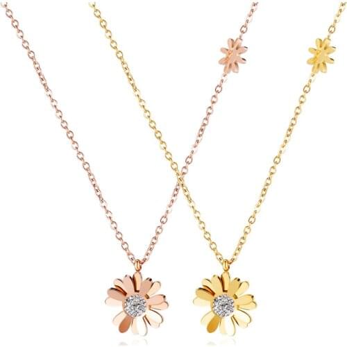 Cute rose gold daisy flower necklaces for women kpop fashion stainless steel crystal colgantes jewelry accessories dropshipping