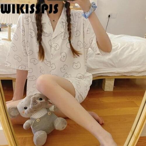 WIKISSPJS Pajamas Womens Summer Short Sleeve Shorts Casual Home Wear Two Piece Set Kawaii Pajama Pajamas for Teen Girls