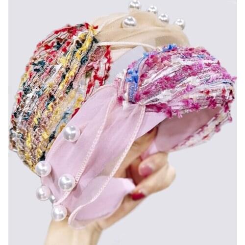 Korea Pearl Lace Headband Ladies Twisted Hairband Fashion Headress Patchwork Fabric Hairbands for Women and Girls