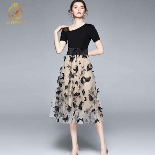 SMTHMA 2021New Fashion Summer Womans Dress Ladies Three-Dimensional Butterfly Mesh Embroidery Short Sleeve Dresses