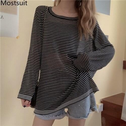 Thin Striped Knitted T Shirt Tops Women See-through Full Sleeve O-neck Sunscreen Tees Pullover Casual Fashion Loose T-shirt 2021