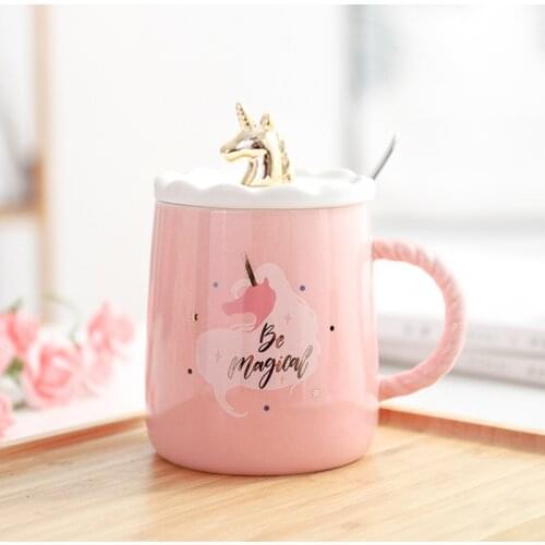 Magical Unicorn Coffee Mug with 3D Glod Lid and Spoon Ceramic Tea Water Cup Gift for Women Girls Pink kawaii mug