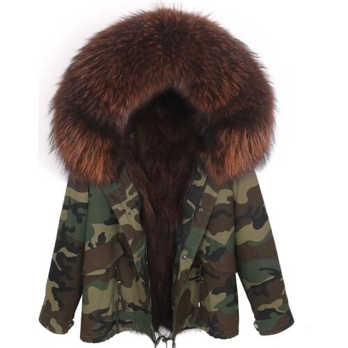 2020 women natural real fox fur collar loose short parkas winter Camouflage jacket big fur fashion outerwear detachable