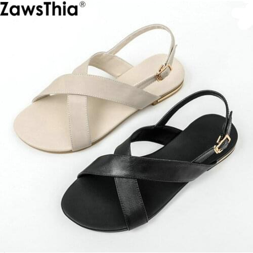 ZawsThia 2020 Summer Genuine Leather Cross Strap Slingback Sandals Woman Caual Flats Shoes Black Women Sandals Big Size 44 45 46