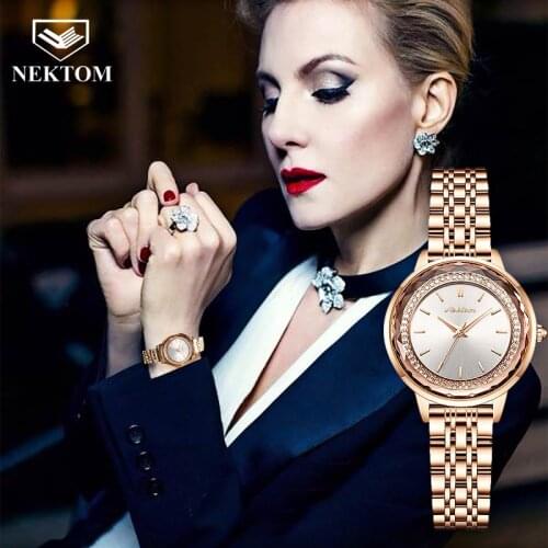 NEKTOM 2021 New Fashion Diamond Ladies WristWatch Rhinestone Rose Gold Leather Quartz Watch For Girls Womens Bracelets Clock
