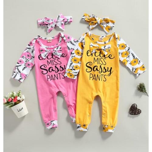 6M-3Y Baby Girls Long Sleeve Jumpsuit Letter Floral Print O-neck Long Rompers with Headband Spring Autumn 2Pcs Casual Outfits