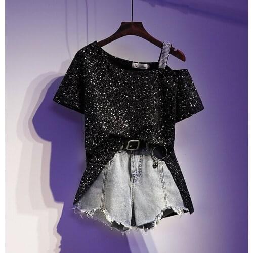 Plus size women casual shorts suit 2021 summer new streetwear chic T shirt pullover top and jeans two piece sets personality big