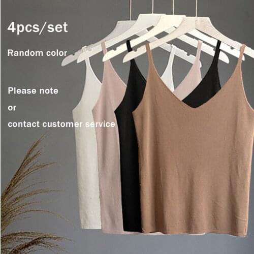 4pcs/pack Women Sling Ice Silk Thin V-neck Vest Women Knitted Vest Solid Sleeveless Tank Top Elasticity Summer Sexy Casual Tops