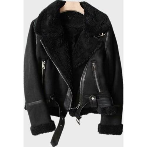 Women Autumn Winter Coat Outwear Thicken Faux Wool Fur Coat Turn-down Collar Black Overcoat Jacket Zipper With Belt