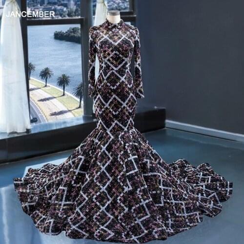 J67018 jancember mermaid evening dress with lace high neck floor length ruched pleat pattern party long dress robe longue soiree
