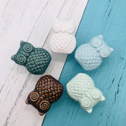 1x Creative Ceramic Handle Cartoon Owl Mediterranean relief Design Cupboard Door Pulls Drawer Knobs Children Furniture handles
