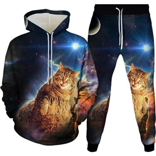 Harajuku Universe Galaxy Animal Kawaii Cute Cat Print Men Streetwear Clothes Women Casual Hoodie+Trouser 2PcSet Tracksuit S-6XL