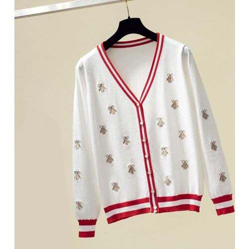2021 Fashion High Quality Bee Embroidered Cardigan Long Sleeve Single-breasted Contrast Button Knitted Sweater Womens Facket