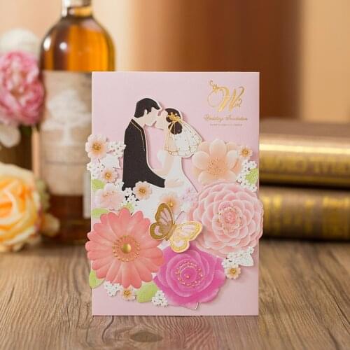 50pcs/lot Laser Cut Bride & Groom Marriage Wedding Invitations Card 3D Floral Cards Printable Invites Event Party Supplies