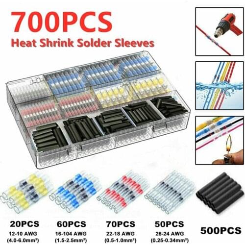 700pcs Mixed Solder Sleeve Heat Shrink Butt Wire Splice Terminal Connector