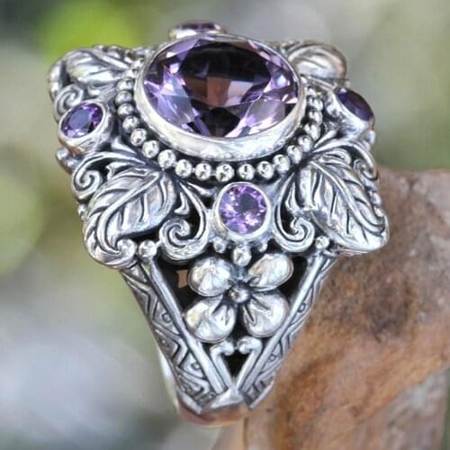 Plant Glass Flower Accessories Ring Purple Big Crystal Bezel Setting For Woman Cocktail Party Jewelry Old Silver Color Brand