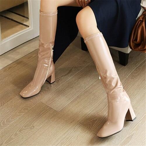 White Women Knee High Boots Thick High Heel Zipper Shoes Square Toe Winter Warm Boots Stylish Women Party Footwear Size 32-43