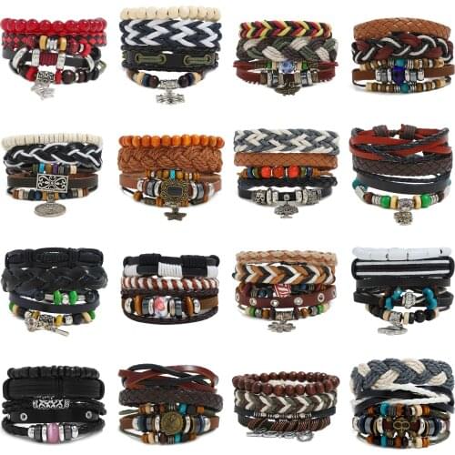 Gothic Black Brown Leather Wristband Bracelet set Cuff Goth Punk Bracelets for Women Men Grunge Rock Rapper Armbands Jewelry