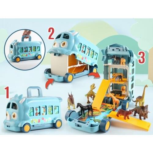 Children Dinosaur Car Bus Toy Boy Girl Animal Model Simulation Scene Box Small Animal Toy Car Cartoon Animal Car KID Gift