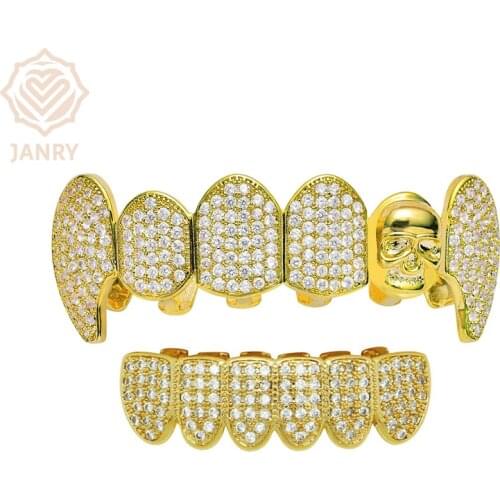 JANRY Hip Hop New Fit Gold Silver Plated CZ Micro Pave Top Bottom GRILL SET Rhodium Teeth Grills Vampire Tooth Grillz For Men