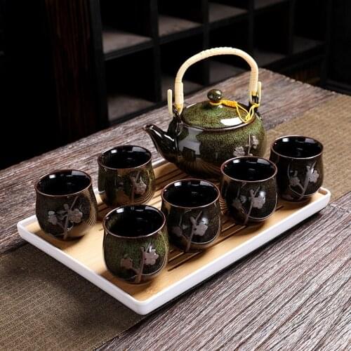 Ceramic Tea Set Japnese Flowers Teapots Handmade Modern Design and Simple Large Cups Tea Tray Bardak Seti Tea Service EI80TS