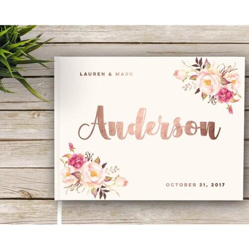 Mr and Mrs names Wedding Guest Book with Rose Foil, Boho Wedding, Rustic Garden Wedding, Journal Floral Wedding Guest Book