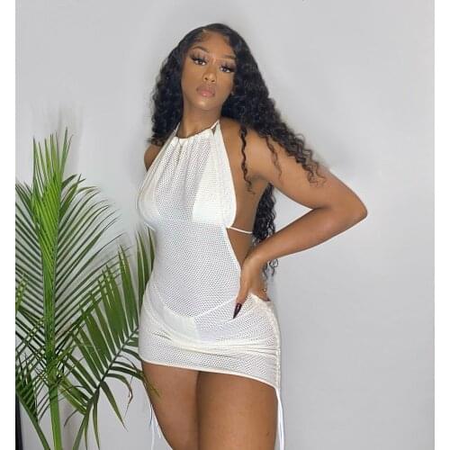 Summer 3 Pieces Swimwear Set Halter Neck Sleeveless Dress Solid Color Strappy Bikini Tops without Underwire