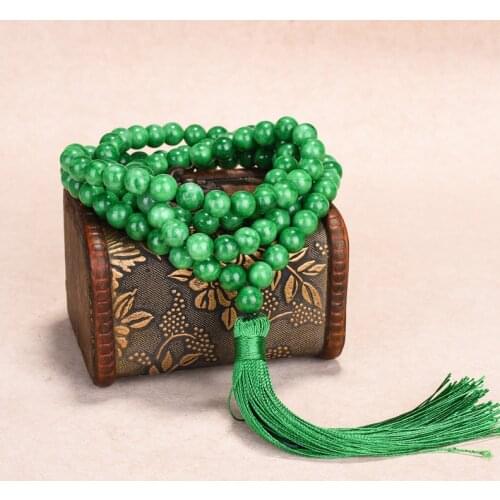 Multilayer 108 green Beads 8-12mm Tassel Bracelet Necklace Tibetan Buddhist Mala Buddha Charm Rosary Yoga For Women Men Jewelry