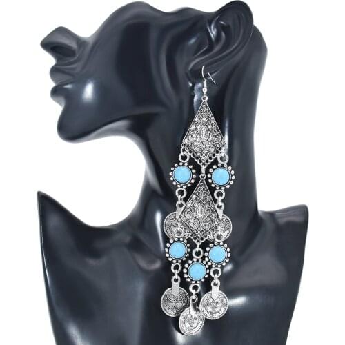 Fashion European&American Exaggerated Red Blue Turquoise Coin Tassel Earrings Bohemian Retro Fashion Catwalk Earrings Accessorie