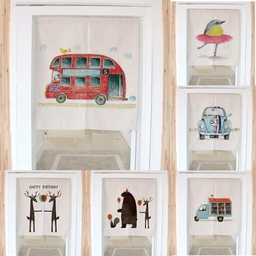 Cartoon Abstract Bear Cotton Linen Door Curtain Bedroom Half Panel Curtain Tube Partition Curtain Without Punching Home Decor