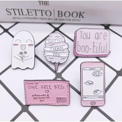 Cartoon pink skeleton ghost marshmallow envelope heart shaped enamel brooch phone model dialog box badge pin sweet cute jewelry