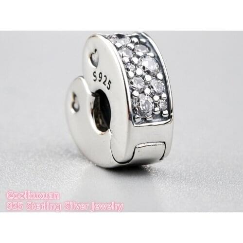 New Spring Authentic 925 Sterling Silver Sparkling Arcs of Love Clip, Clear CZ Charm Beads Fit Pandora Charms Bracelet Diy