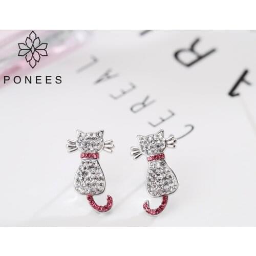 PONEES 2019 New Design Fashion Clay With Crystals Cat Animal Stud Earrings For Women Ear Stud Jewelry