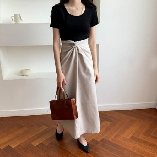 Chic Women Summer Vintage High Waist Cross Bandage Long Skirt Back Bow Tie Brief Solid Color Midi Jupe 2020