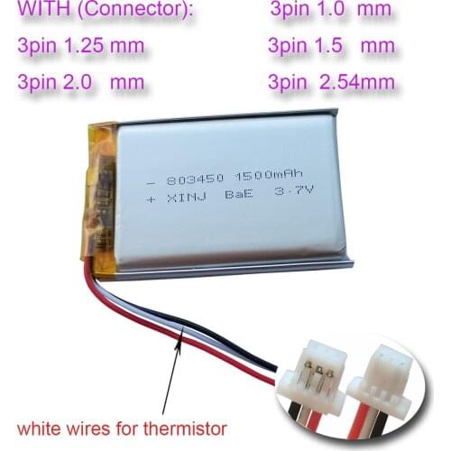 XINJ 3.7V 1500mAh Rechargeable 3 Wires Thermistor Polymer Li Battery 803450 3pin 1.0mm 1.25mm 083450 For Game Player GPS Camera