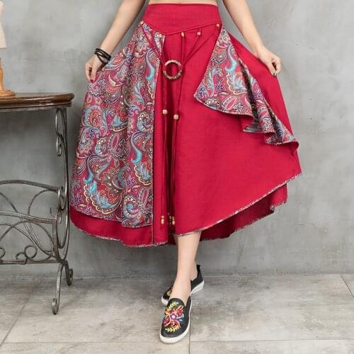 Women Harajuku Vintage Printing Pleated Patchwork Long Skirt Clothing Chinese Style National Casual Loose Plus Size Faldas Ropa