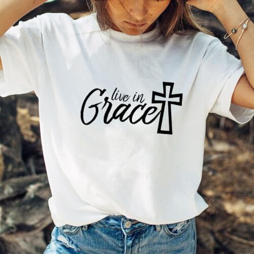 Live in grace printed women summer funny t shirt new arrival funny christian t shirt faith shirts Jesus Tee gift for her