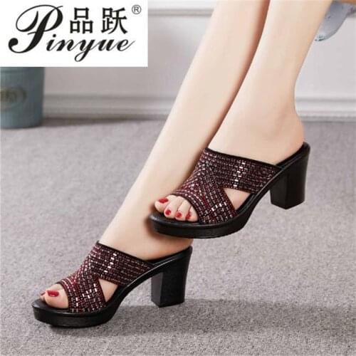 Genuine Leather Ladies Summer Shoes Women High Heels Fashion Rhinestone Summer Shoes size 35--41