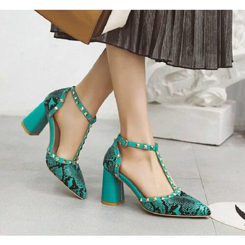 Sianie Tianie 2020 summer block high heels pumps womens shoes pointed toe T-strap studded rivets woman sandals plus size 48 12