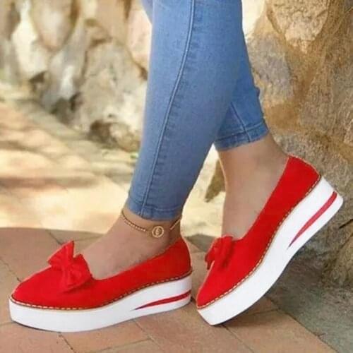 2021 New Womens Single Shoes Casual Breathable Bowknot Wedges Round Toe Slip-On Pumps Thick Heels Female Casual Single Shoes