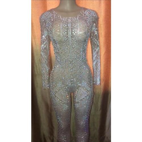 Women Mesh See Through Sparkly Bodysuit Rhinestone Long Sleeve Jumpsuit Evening Birthday Celebrate Costume Perspective Jumpsuit