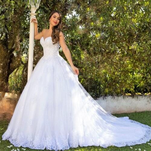 Sweetheart Neckline Fully Lace Applique Ball Gowns Wedding Dress Chapel Train White Bridal Dress vestido novia playa largo