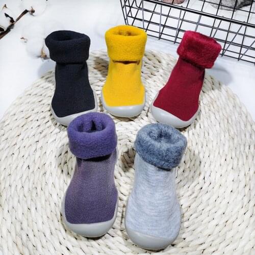 1 Pair Winter Kids Warm Snow Shoes Solid Color Socks Infant Boys Brushed Thick Sock Shoes Baby Girls Soft Soles Toddler Shoes