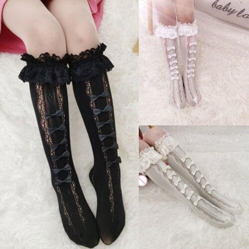40GC Japanese Women Girl Knee High Socks Sweet Hollow Out Lace Patchwork Kawaii Bowknot Ruffles Anime Lolita Maid Cosplay